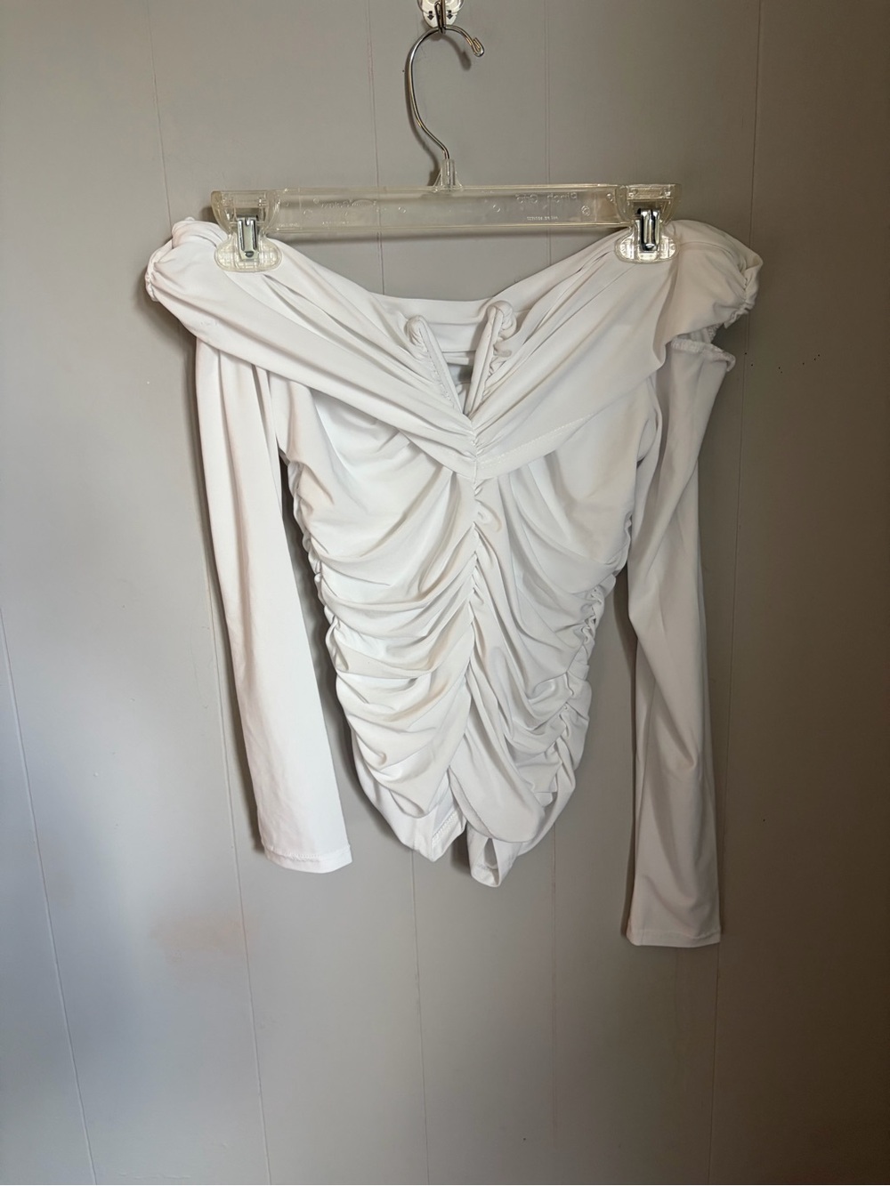 White Off-Shoulder Ruched Long Sleeve Bodysuit